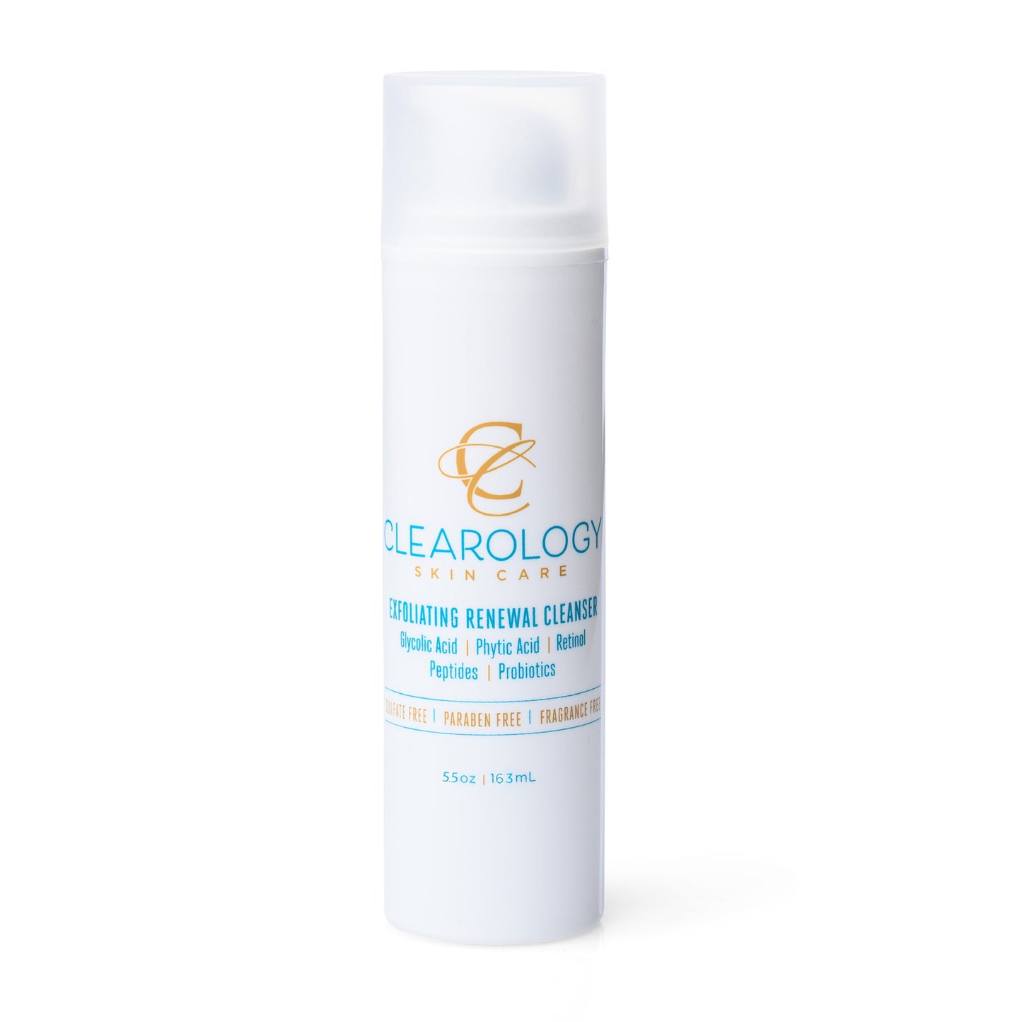 A close-up of the bottle of Clearology Skin Care Exfoliating Renewal Cleanser with a white and gold design. The label highlights ingredients such as Glycolic Acid, Phytic Acid, Retinol, Peptides, and Probiotics.