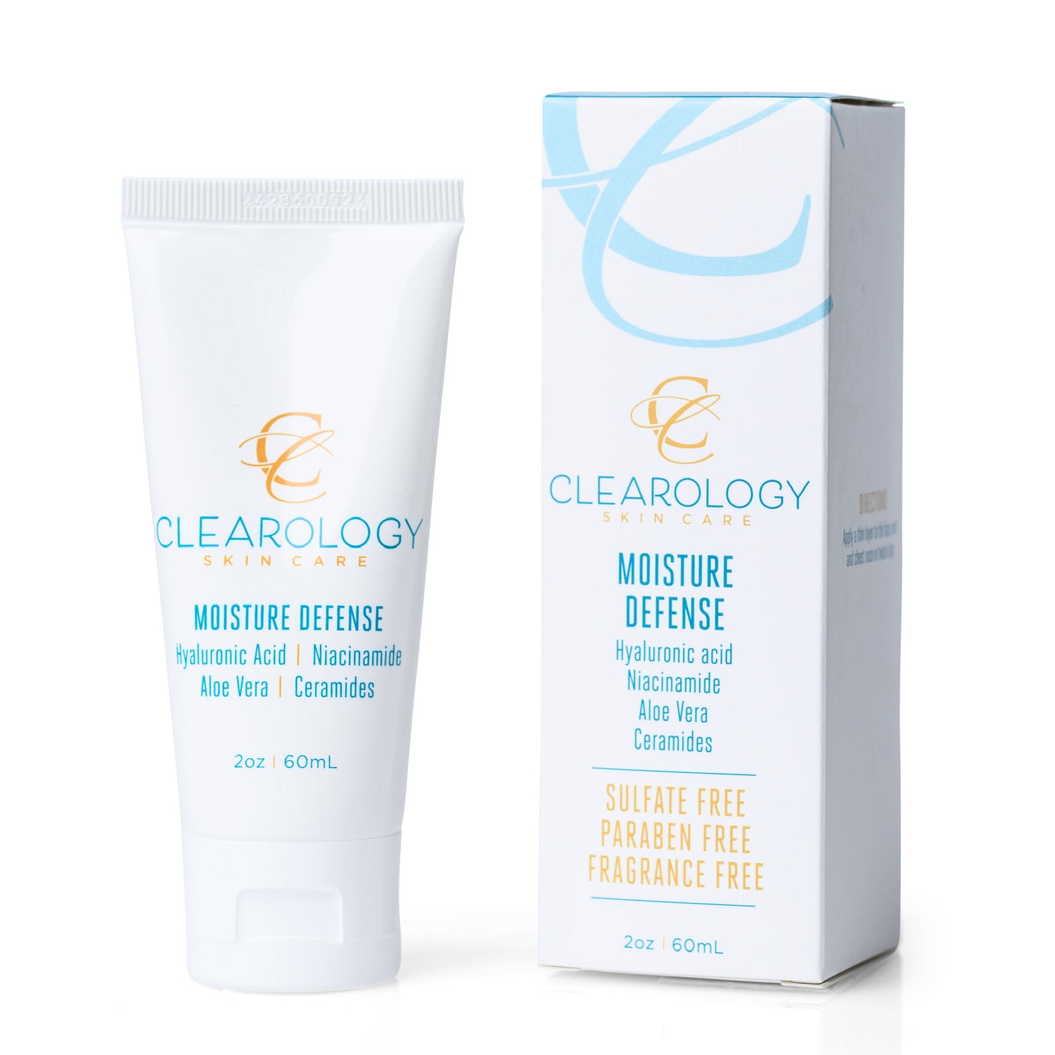 A tube of Clearology Skin Care Moisture Defense with its matching white and blue packaging box. The label mentions ingredients such as Hyaluronic Acid, Niacinamide, Aloe Vera, and Ceramides, and highlights that it is sulfate-free, paraben-free, and fragrance-free.