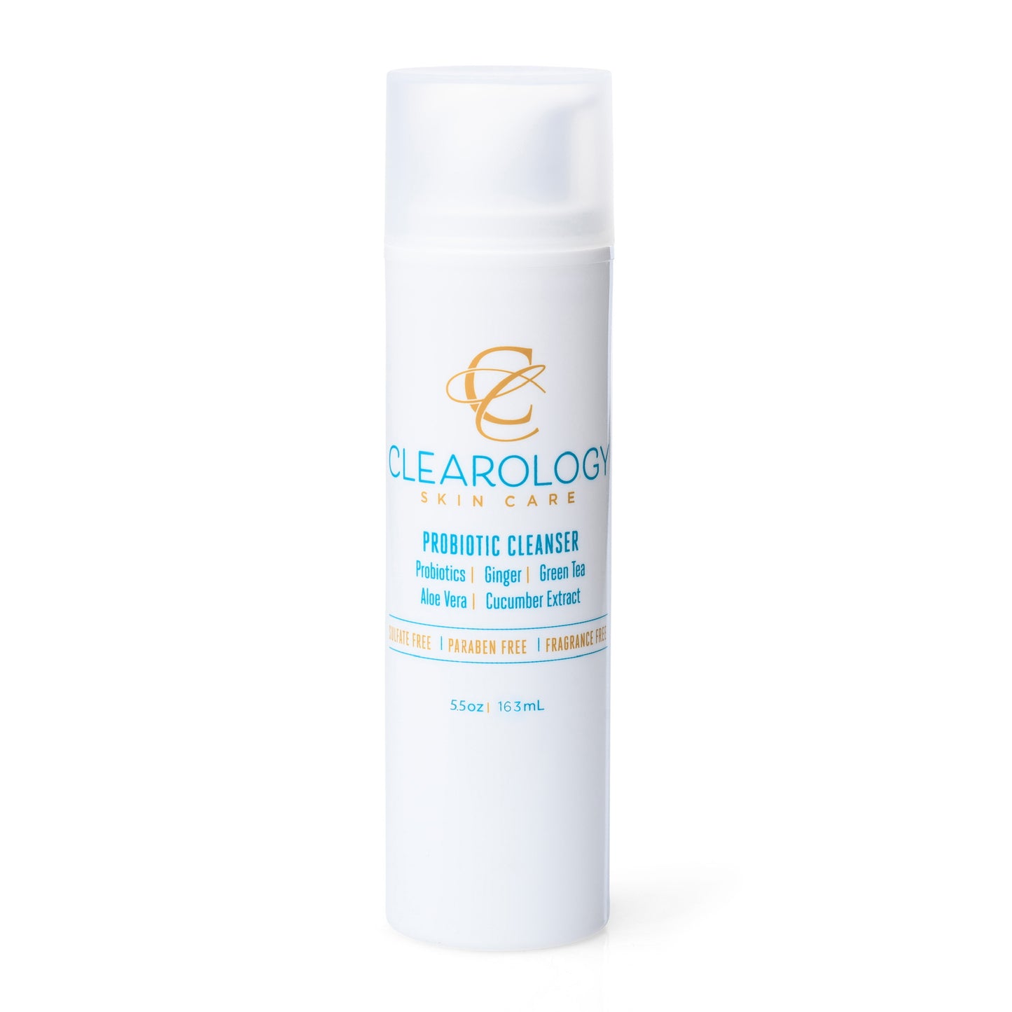 A close-up of the bottle of Clearology Skin Care Probiotic Cleanser. The label lists ingredients like Probiotics, Ginger, Green Tea, Aloe Vera, and Cucumber Extract, and mentions it is sulfate-free, paraben-free, and fragrance-free.