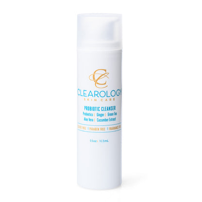 A close-up of the bottle of Clearology Skin Care Probiotic Cleanser. The label lists ingredients like Probiotics, Ginger, Green Tea, Aloe Vera, and Cucumber Extract, and mentions it is sulfate-free, paraben-free, and fragrance-free.