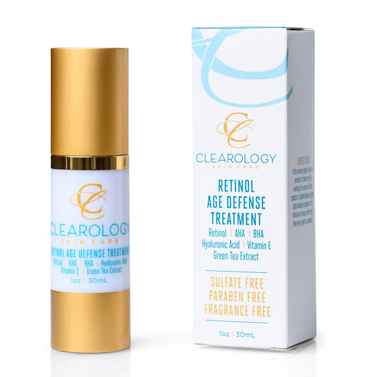 Clearology Retinol Age Defense Treatment bottle, front view displaying product name and key ingredients: Retinol, AHA, BHA, Hyaluronic Acid, Vitamin E, Green Tea Extract. Box, showing  Sulfate Free, Paraben Free, Fragrance Free
